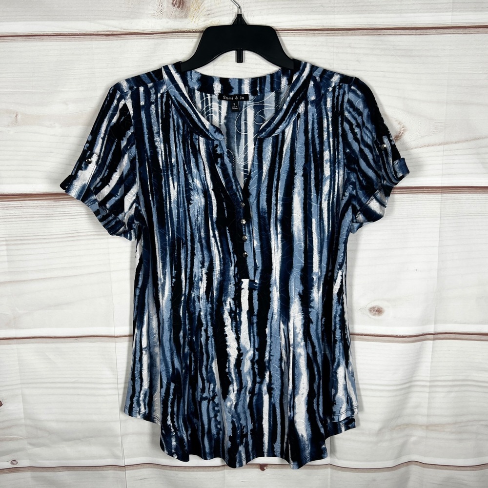Sami & Jo Henley Blouse Women Small Blue Stripe Short Sleeve Roll Tab Top Office
